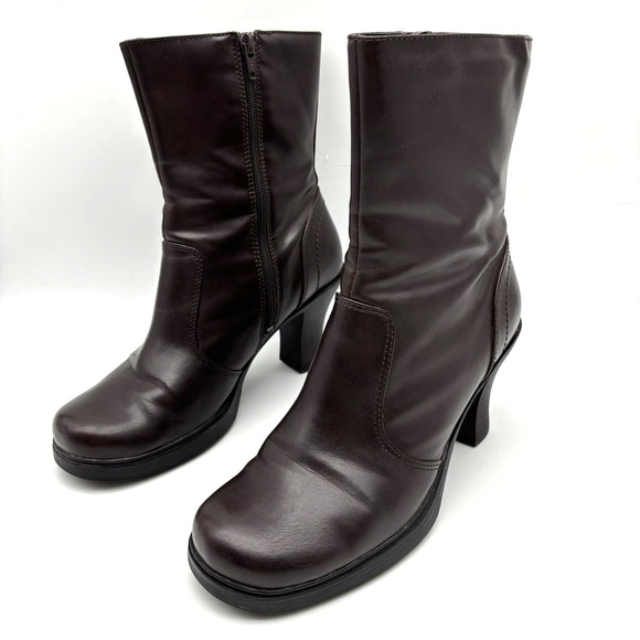 Vintage 00s Y2K Mudd 'CHARLOT' Brown Faux Leather Block Heel Mid Calf Boots 9M - Picture 3 of 16